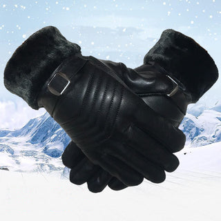 Winter Leather Gloves For Men And Women Velvet Thickened Cold-proof Warm Cycling Anti-slip Touch-screen Large Fleece Gloves - Phosgene