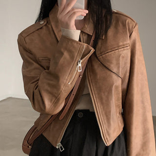 Women's Retro Hong Kong Style Lapel Long-sleeved Leather Jacket - Phosgene