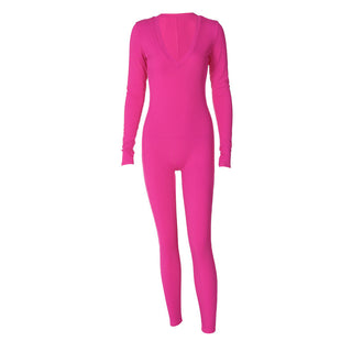 Solid Color Slim Fit Sports Long Sleeve Jumpsuit - Phosgene