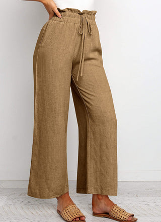 Elastic Waistband Lace-up Wide Leg Pants Solid Color Cropped Pants Phosgene