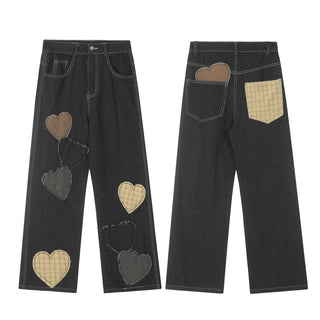 Contrast Color Love Patch Denim Straight-leg Trousers Men Phosgene