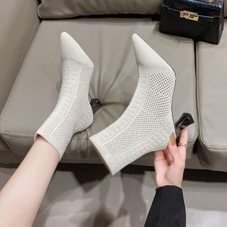 Knitted Sock Boots Women's Plus Size Short Pointed Chunky Heel - Phosgene