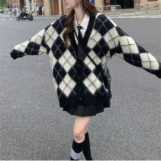 Plaid Knitted Cardigan Coat For Women - Phosgene