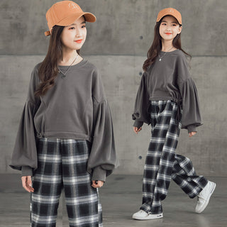 Girls' Suits Western Style Korean Children's Clothing Trendy Plaid Trousers Big Kids - Phosgene