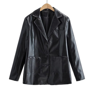 Temperament Commuting Light Cooked Wind Big Pocket Faux Leather Suit Jacket - Phosgene