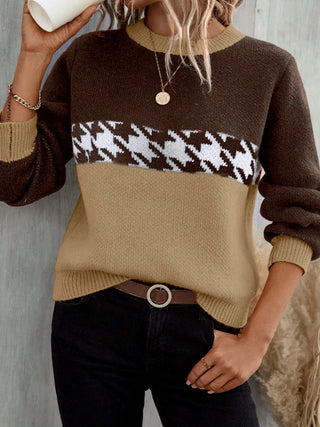 Contrast Color Pullover Round Neck Knitted Sweater - Phosgene