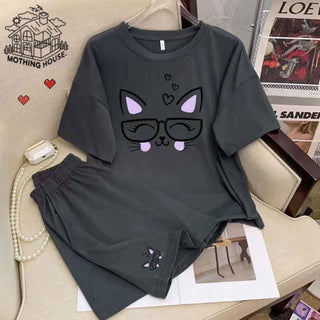 Cartoon Cute Loose Round Neck Pullover Double Short Leisure Sports Suit Phosgene