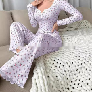 Small Floral Print Lettuce Edge Lace Collar Button Pajamas Suit Phosgene