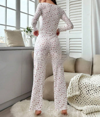 Small Floral Print Lettuce Edge Lace Collar Button Pajamas Suit Phosgene