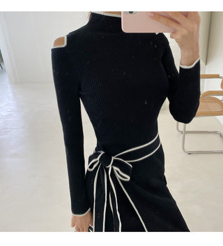 Lace-up Slip-shoulder Knitted Sweater Dress - Phosgene