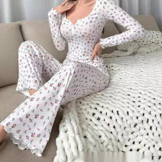 Small Floral Print Lettuce Edge Lace Collar Button Pajamas Suit Phosgene