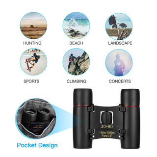 Binoculars 30x60 Zoom Travel Compact Folding Telescope Hunting Day Night Outdoor Small Pocket Binoculars Compact Adults, Mini Kids Binoculars Boys For Bird Watching, Concert Theater Opera - Phosgene