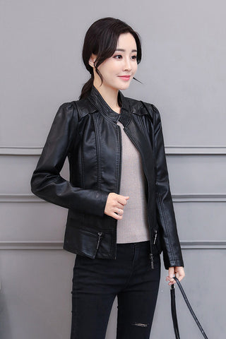 New Spring And Autumn Korean Style Motorcycle Stand-up Collar Slim Fit Slimming Leather Coat - Phosgene