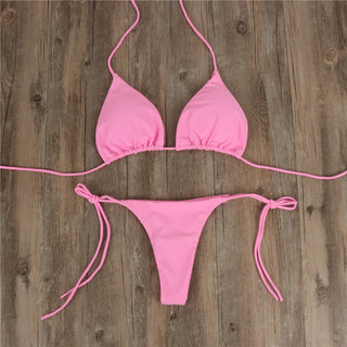 2pcs Halterneck Lace-up Bikini Women Summer Solid Color Sexy Split Strap Adjustable Swimsuit Suit - Phosgene