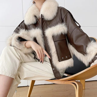 Sense Fox Fur Stitching Leather Coat - Phosgene