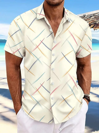 Summer New Men's Striped Feather Casual Beach Short Sleeve Button Shirt Phosgene