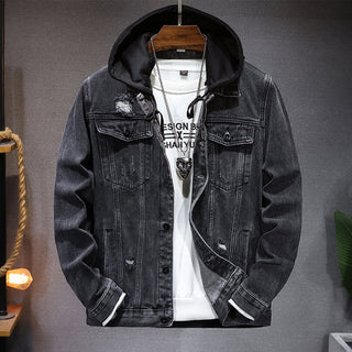 Men's Casual Jacket Hole Detachable Hooded Denim Jacket - Phosgene