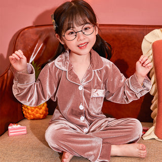 Children's Gold Velvet Solid Color Pajamas Set - Phosgene