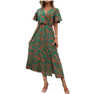 Women's Tropical Printing V-neck Split Dress Women - Phosgene