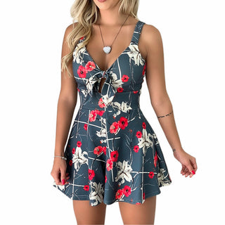 Bow Lace Printing Loose One-piece Shorts - Phosgene