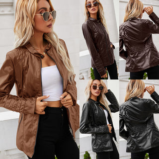 Stand-up Collar Zipper Long-sleeved Solid Color Women's Leather Jacket - Phosgene