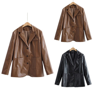 Temperament Commuting Light Cooked Wind Big Pocket Faux Leather Suit Jacket - Phosgene