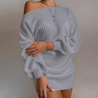 OrangeA Women Off Shoulder Knitted Sweater Dress Autumn  Winter Loose Long Sleeve Solid Ladies Tunic Elegant Streetwear Dresses - Phosgene