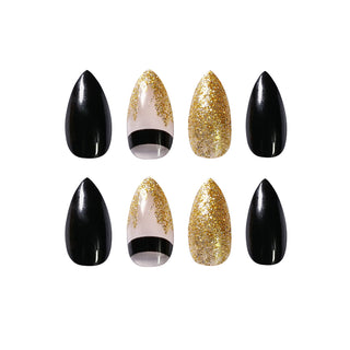 Black Gold Glitter Pointed Wear Nail Art Finished Fake Nails - Phosgene