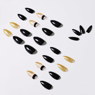 Black Gold Glitter Pointed Wear Nail Art Finished Fake Nails - Phosgene