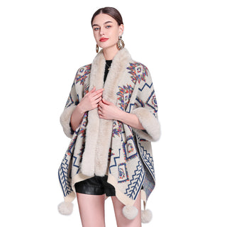 Ethnic Style Fur Ball Shawl Cape Cloak - Phosgene