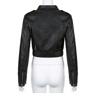 Women's Retro Hong Kong Style Lapel Long-sleeved Leather Jacket - Phosgene