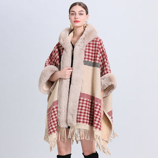 Loose Plaid Plus Cashmere Fur Collar Knitted Inverness - Phosgene