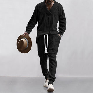 Men's Casual Trousers V-neck All-matching Jacquard Sweater Set Phosgene