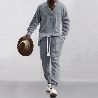 Men's Casual Trousers V-neck All-matching Jacquard Sweater Set Phosgene