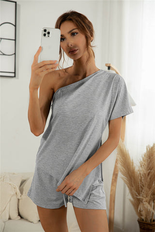 Off-the-shoulder Short Sleeve Sloping-shoulder Off The-shoulder Casual Two-piece Suit - Phosgene