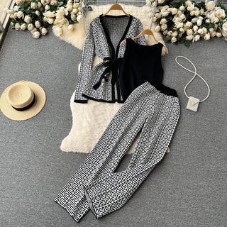 Exotic Printed Casual Suit Women's Inverness V-neck Base Knitwear Wide Leg Pants Three-piece Suit Phosgene