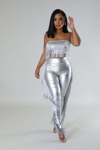 Sexy Bandeau Tassels Slim-fit Trousers Two-piece Set Nightclub Uniforms - Phosgene