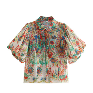 Lapel Print Chiffon Puff Sleeve Shirt - Phosgene