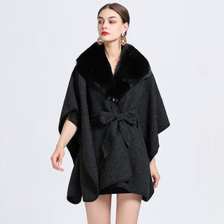 Faux Rex Rabbit Fur Collar Knit Shawl Cape - Phosgene