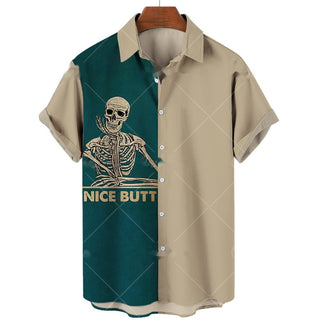 Men's Short-sleeve Lapel Shirt 3D Digital Skull Printed Shirt Phosgene