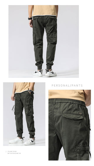 Casual Pants Trendy Brand Elastic Waist Men's Youth Simple Pure Cotton Multi-pocket Work Pants Trousers Ankle-tied - Phosgene