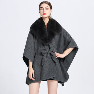 Faux Rex Rabbit Fur Collar Knit Shawl Cape - Phosgene