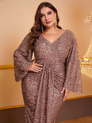 Women's Sequin Long Sleeved V-neck Pleated Dress - Phosgene