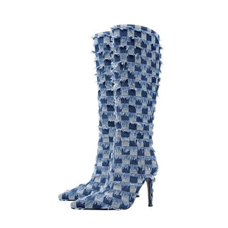 Chessboard Plaid Denim Blue Cloth Women's Boots - Phosgene