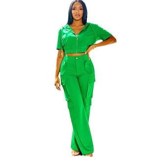 European And American Fashion Casual Set Women's Short-sleeved Workwear With Pocket Trousers Women's Two-piece Suit - Phosgene