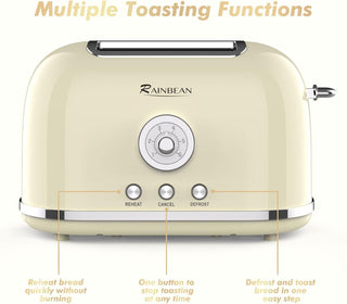 Toaster 2 Slice Retro Toaster Stainless Steel With 6 Bread Shade Settings And Bagel Cancel Defrost Reheat Function, Cute Bread Toaster With Extra Wide Slot And Removable Crumb Tray Phosgene