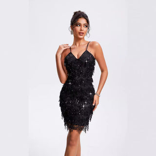 V-neck Sequins Tassel Sleeveless Sling Party Hot Drilling Dress - Phosgene