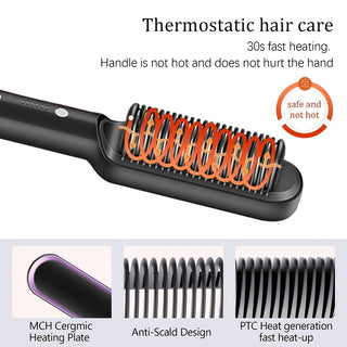 2-in-1 Electric Hair Straightener Brush Hot Comb Adjustment Heat Styling Curler Anti-Scald Comb, 2-in-1 Styling Tool For Long-Lasting Curls And Straight Hair - Phosgene