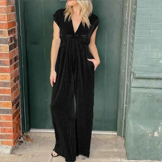 V-neck Short-sleeved High Waist Long Jumpsuit Phosgene