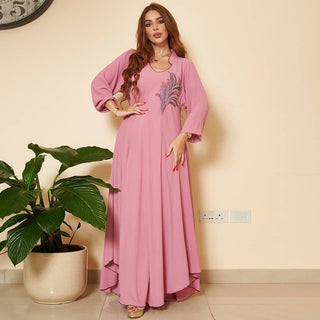 Women's Long Sleeve Chest Applique Middle East Loose Dress - Phosgene